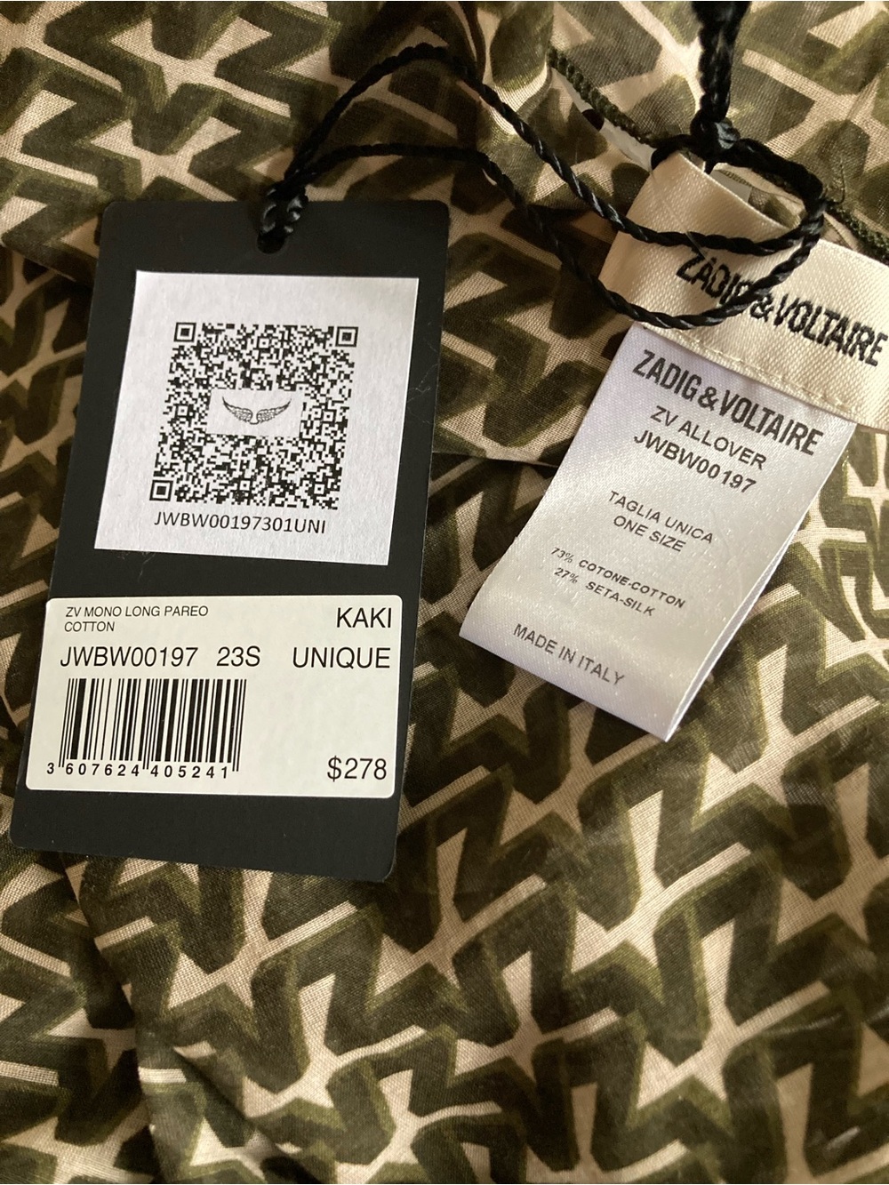 Zadig & Voltaire Kaki and Cream Geometric Pareo
